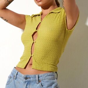 Motel Elva Shirt NWT Women Sm Green Olive Oil Bubble Jersey Open Button Up Crop
